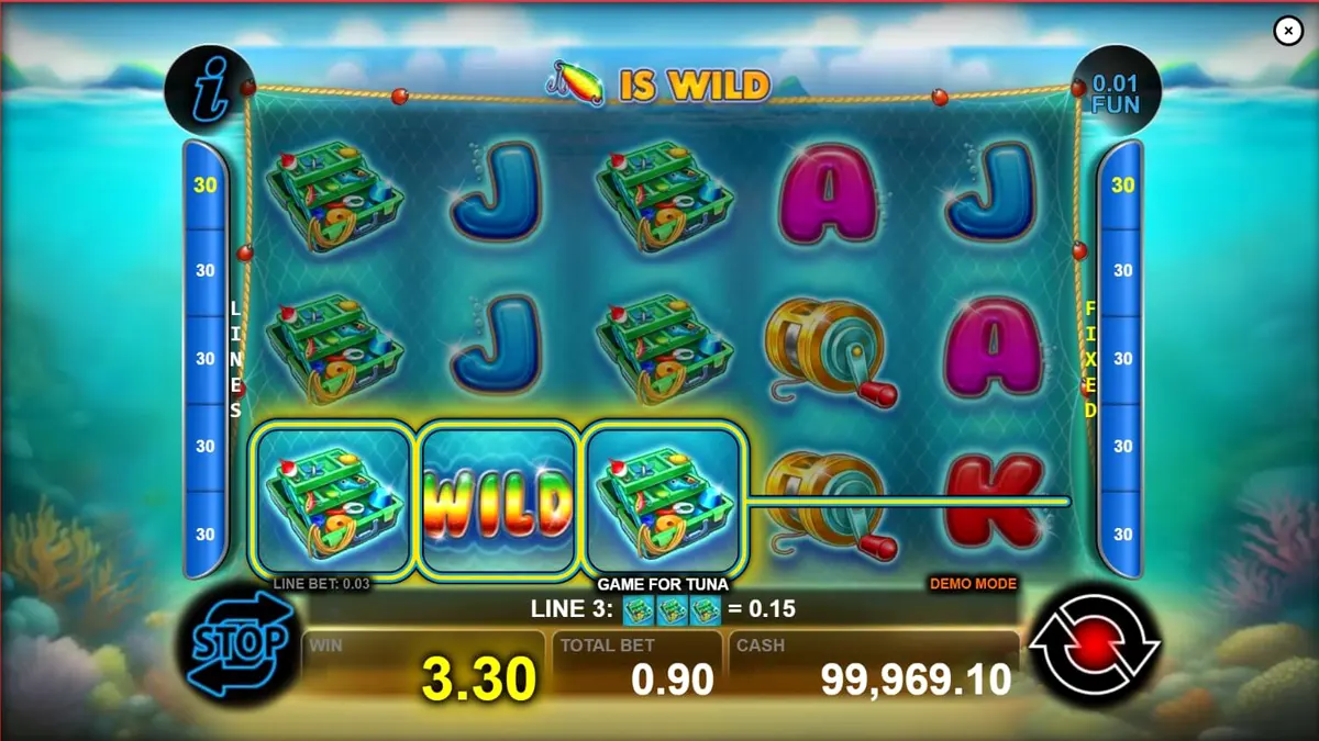 Interface do jogo de slot Game For Tuna com tema de pesca submarina