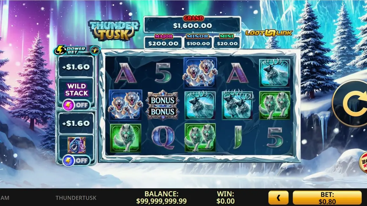 Cenário gelado e pré-histórico do slot Thunder Tusk com mamutes e relâmpagos.