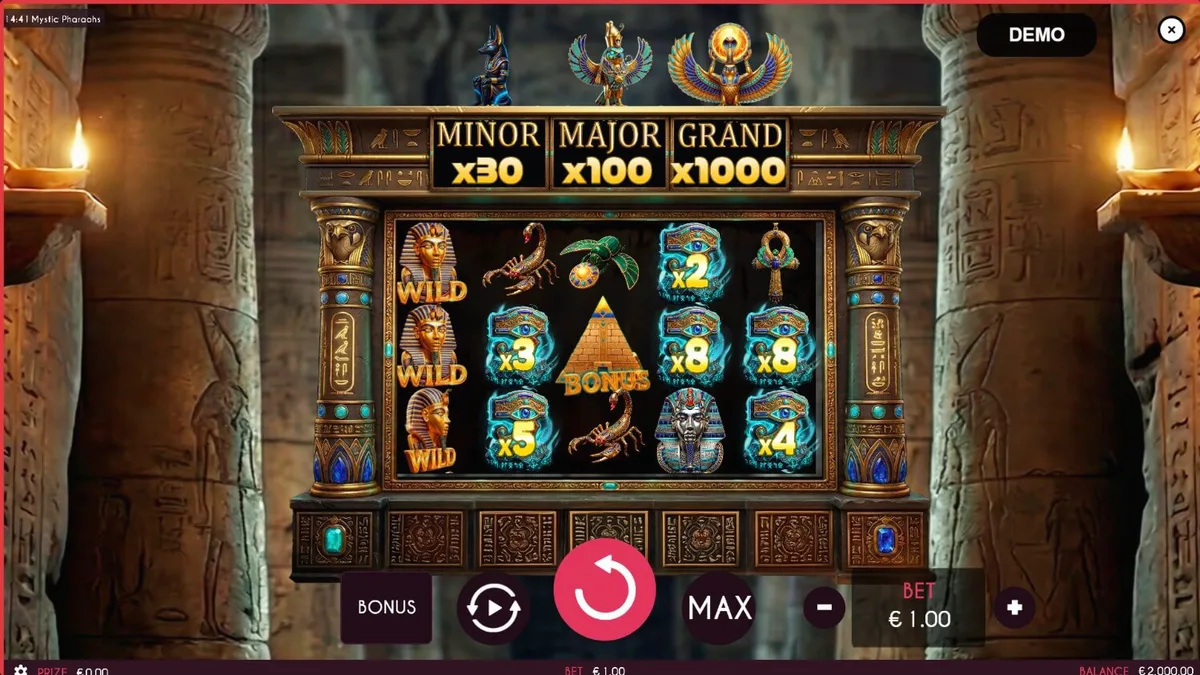 Interface do jogo de slot Mystic Pharaoh com elementos egípcios