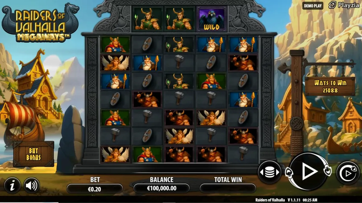 Interface de jogo do slot Raiders of Valhalla Megaways com temática nórdica